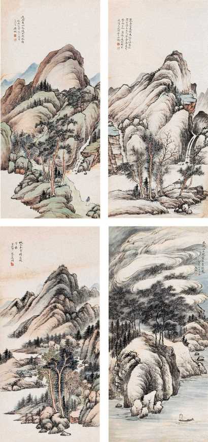 吴琴木 乙丑（1925年）作 山水（四张） 单片